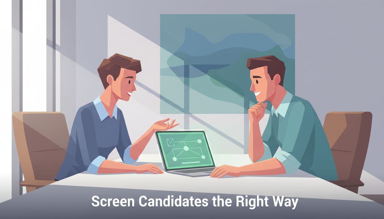 Modern illustration of a relaxed candidate interview in a conference room, with an interviewer and interviewee discussing a network diagram on a laptop screen featuring green accents and natural window light.