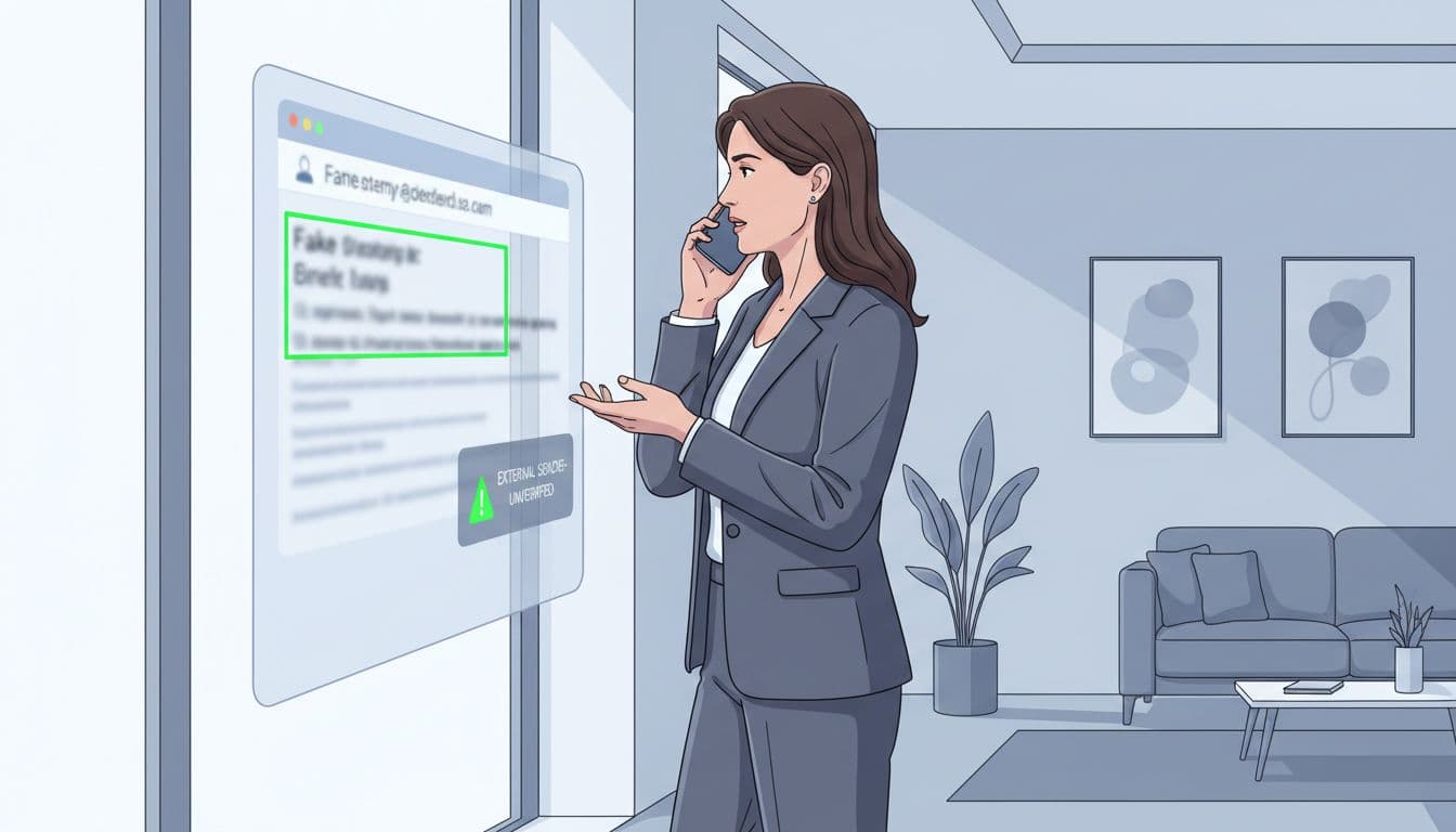 Modern illustration of an executive on a phone call in a contemporary office, featuring subtle impersonation scam elements like a fake email in the background with green warning highlights. Clean lines, professional lighting, strong side composition, no text or additional people.