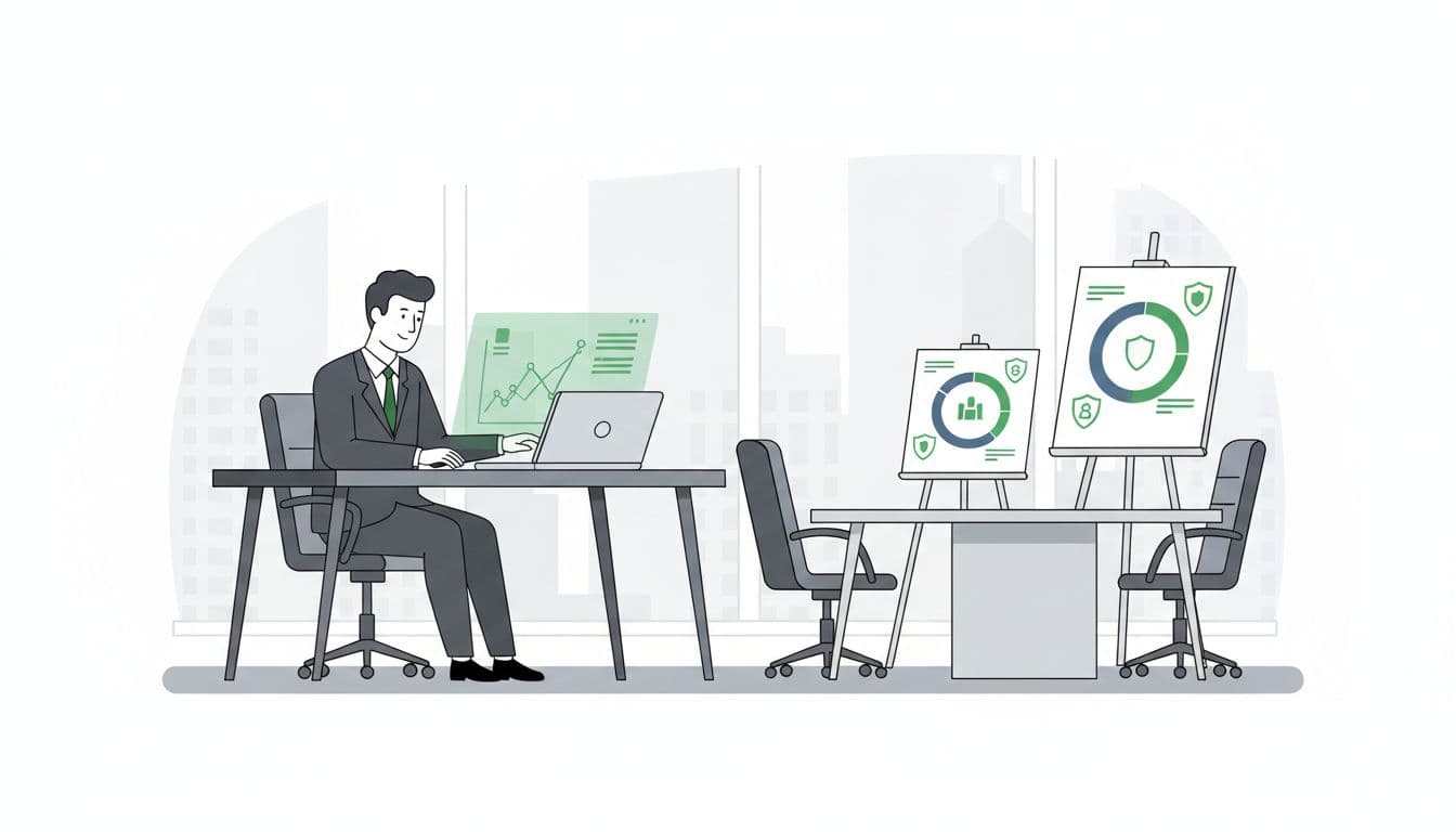 Modern illustration of an executive deeply engaged with a risk report on a laptop in a sophisticated office, featuring nearby team meeting setup with growth charts and protective shields.