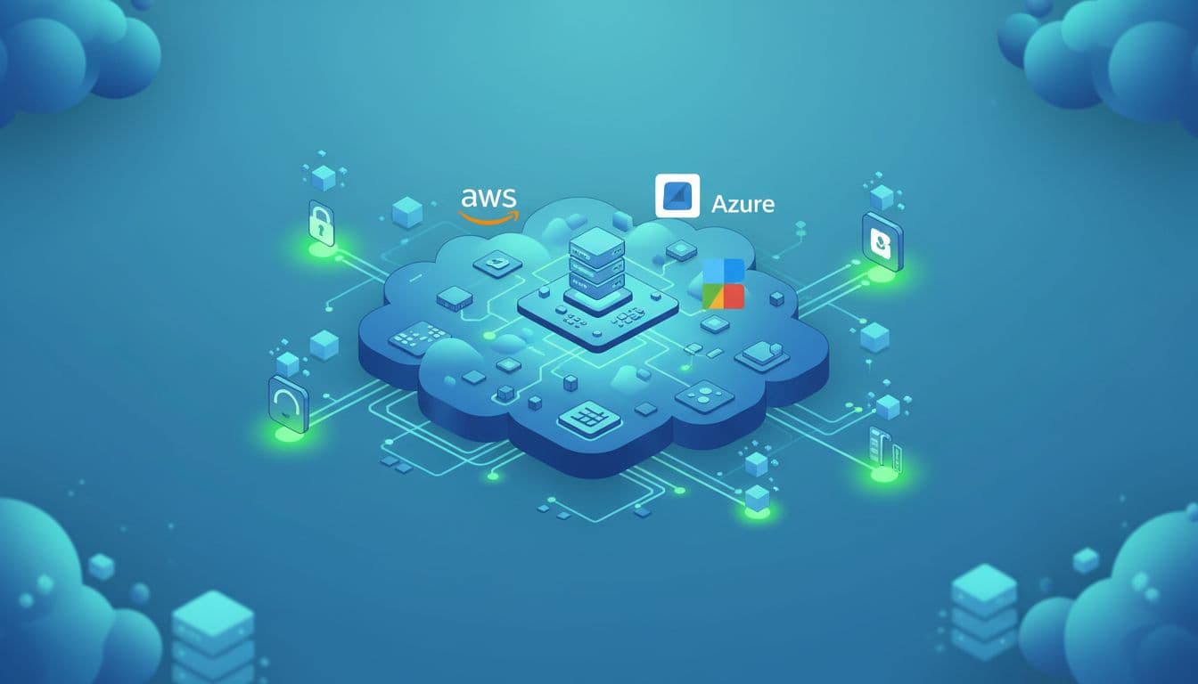 Modern illustration of a dynamic cloud infrastructure with AWS, Azure, and GCP icons connected by APIs and ephemeral servers, highlighting exposed entry points like open ports and SaaS apps in a controlled blue and green palette.