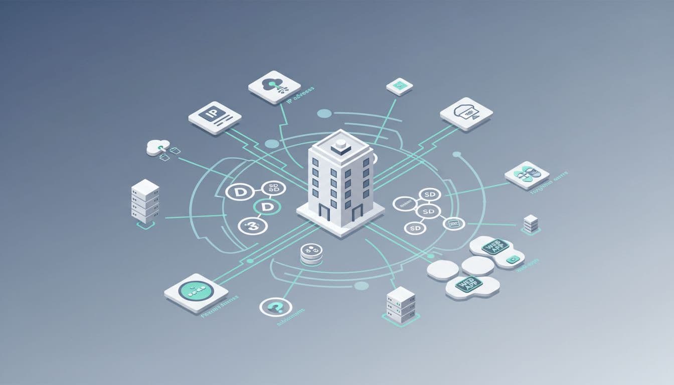 Modern isometric illustration of a company's external attack surface with icons for domains, subdomains, IP addresses, cloud buckets, exposed databases, shadow IT apps, and forgotten servers radiating from a central building.