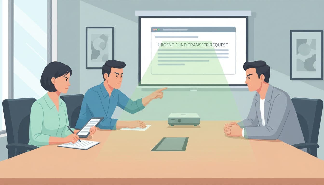 Modern illustration of three professionals in a conference room conducting a small group training on BEC awareness, gathered around a table with a projector showing an email example, one taking notes with engaged expressions.