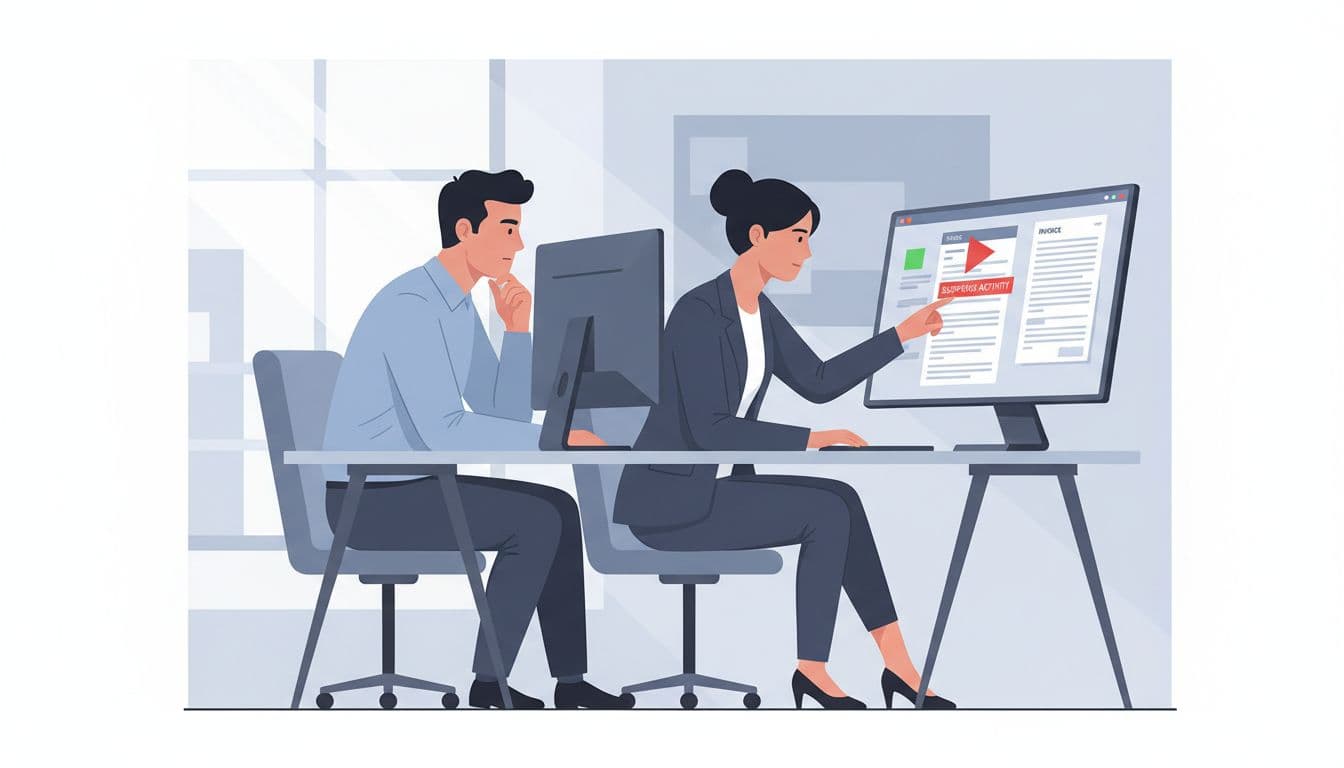 Modern illustration of two finance professionals in an office setting reviewing suspicious invoices on computers, with one person pointing to a red flag alert highlighted in green accents.