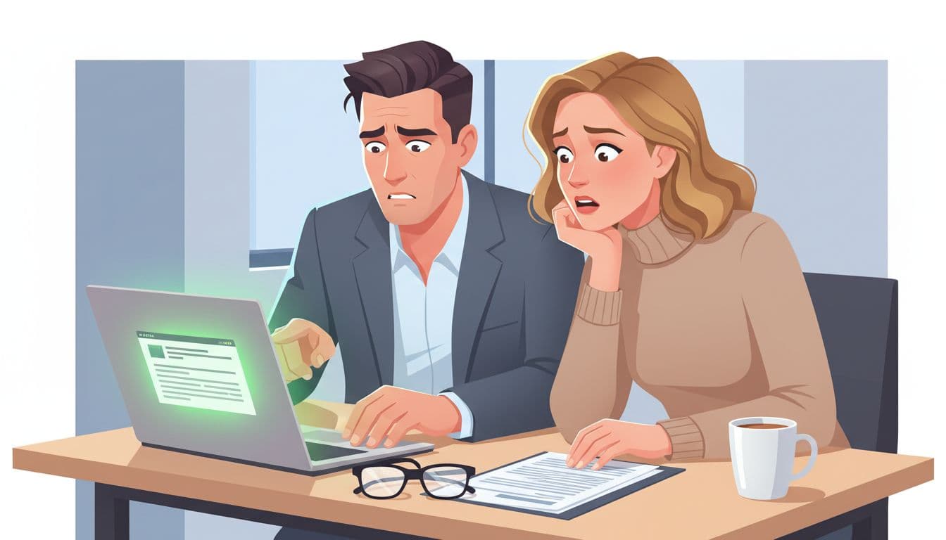 Modern illustration of two finance professionals in an office, one pointing at a suspicious email on a laptop screen with concerned expressions. Clean desk with papers and coffee mug, accented by green glow on screen.