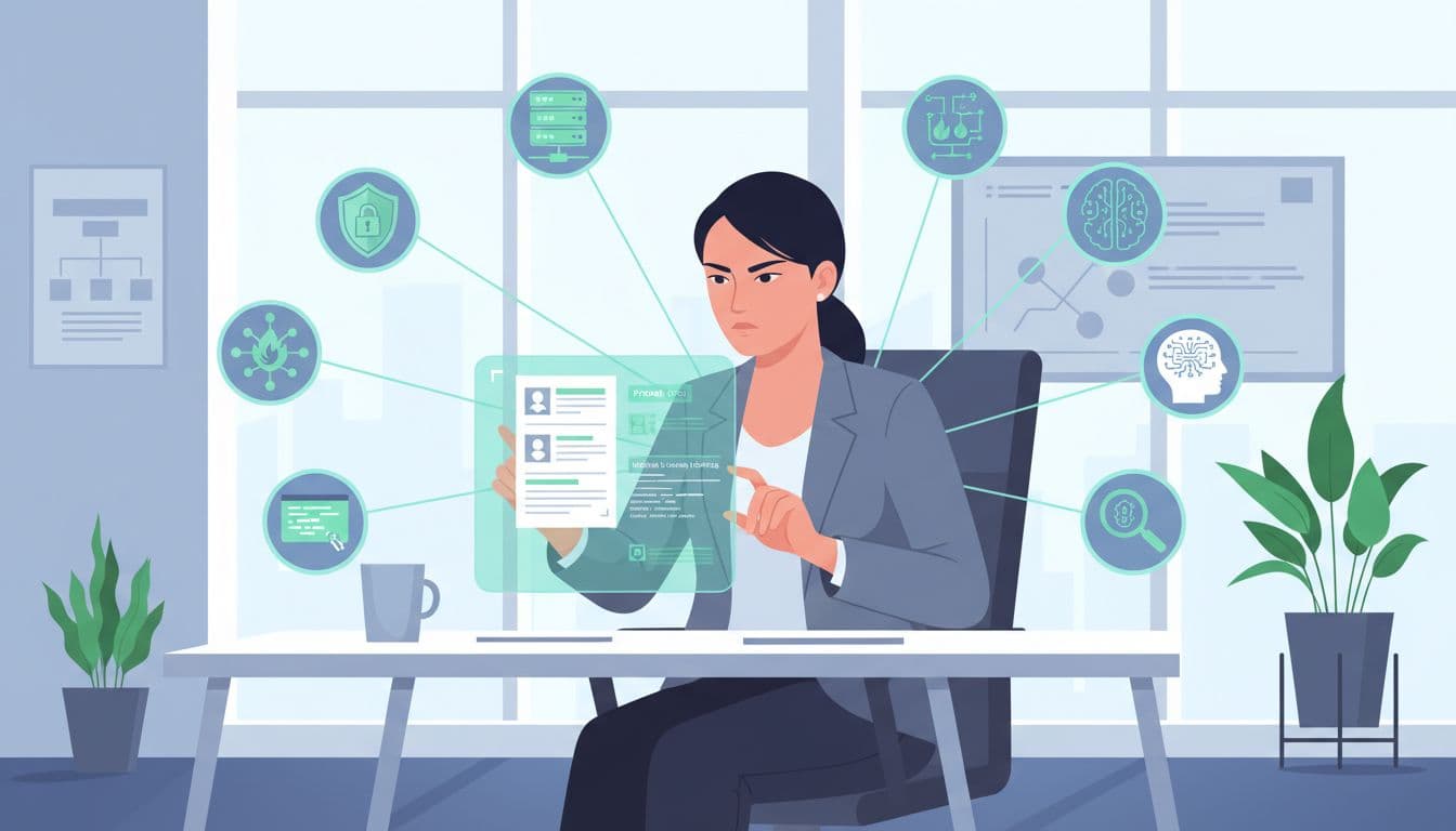 Modern illustration of a focused recruiter at a desk reviewing resumes for tech roles, surrounded by icons of cybersecurity tools and networks in a clean office setting.