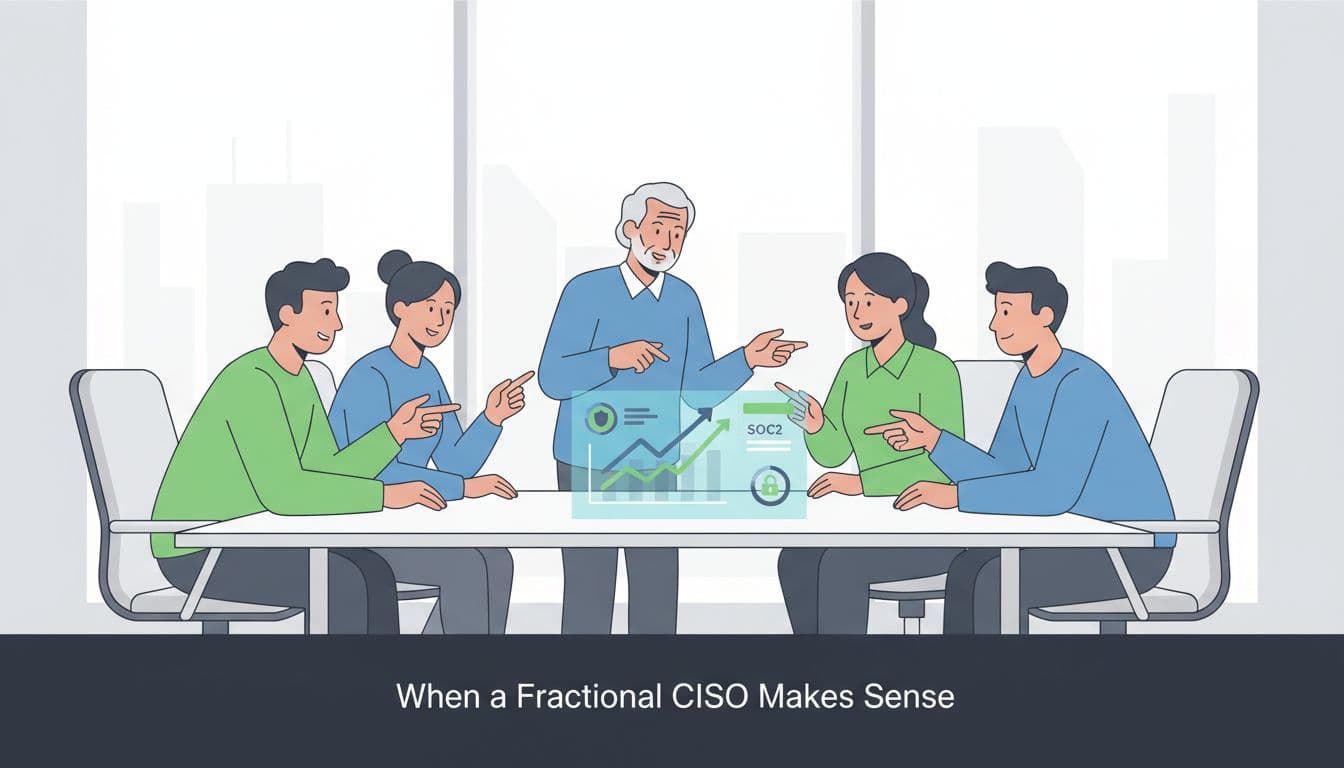 Modern illustration of a growing SaaS company team of exactly 5 people in a bright modern office, with a senior leader providing guidance on a security dashboard prop showing SOC2 compliance progress charts.