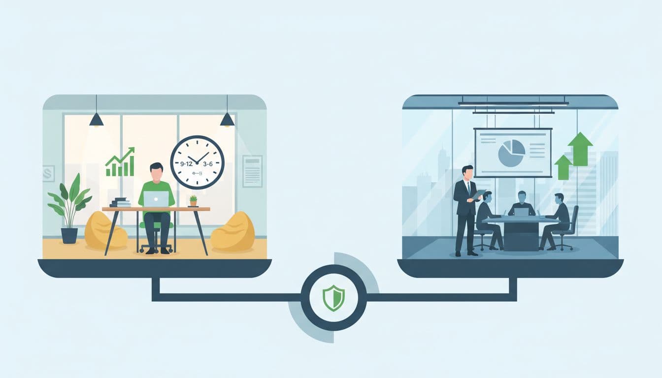 Modern illustration of a balanced scale comparing a part-time executive advisor at a desk with flexible hours in a startup office against a full-time leader in a boardroom with team in an enterprise setting. Clean shapes, controlled colors with #22C55E accents on icons like shield and growth chart, strong composition with exactly two figures, no text, no logos.
