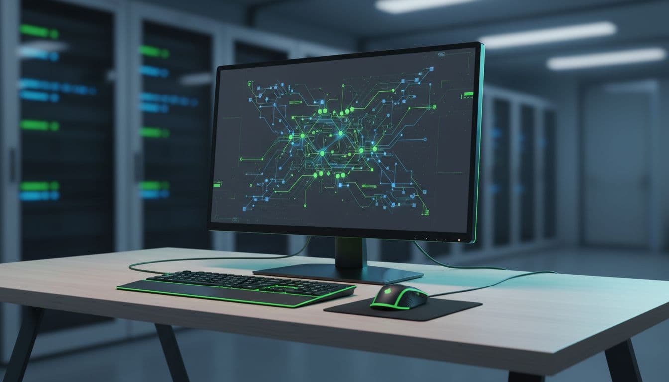 Modern illustration of a hands-on cybersecurity lab simulation with one computer screen showing an abstract network diagram, keyboard, and mouse on a desk. Clean lines, green accents, landscape composition, and professional dim lighting.