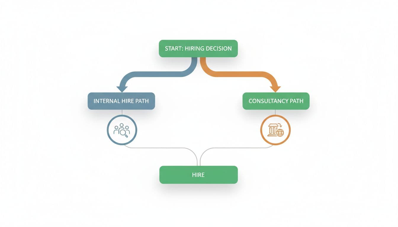 Modern illustration of a flowchart depicting hiring decision paths branching between internal hiring and consultancy options, with icons for people hiring and external firms, clean shapes, #22C55E decision points, on a white background with soft lighting.