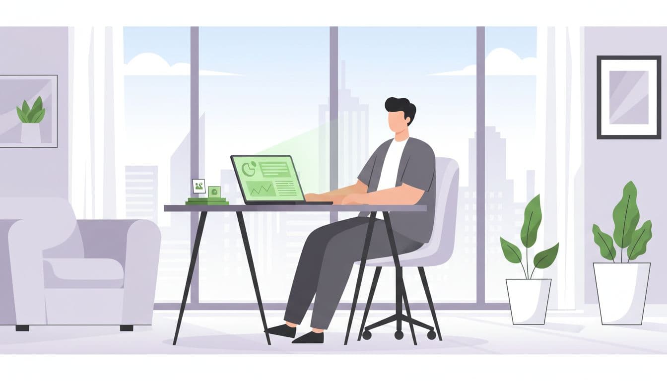 Modern illustration of a hiring manager sitting at a desk reviewing blurred charts on a laptop screen in a contemporary office with natural daylight and window view.