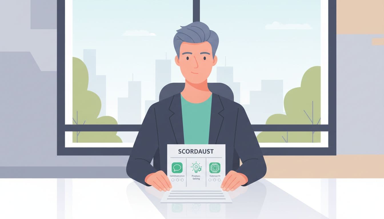 Modern illustration of a hiring manager at a desk reviewing a simple scorecard checklist with icons for skills like communication, problem-solving, and technical fit in an office with window view.