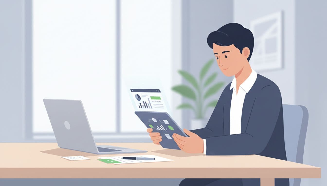 Modern illustration of a hiring manager reviewing a technical scorecard on a tablet during an interview in a clean office with desk, laptop, and notes nearby, using soft natural lighting and green accent highlights.