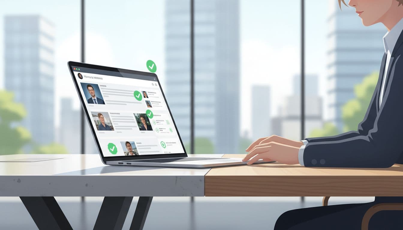 Modern illustration of a hiring manager seated at a desk, reviewing candidate portfolios and work samples on a laptop screen with green checkmark verification icons in a bright office with window view.