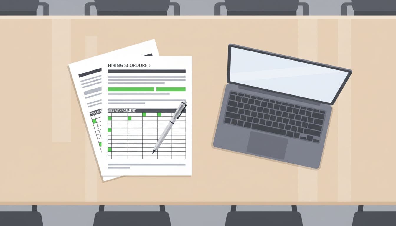 Modern top-down illustration of a hiring scorecard document on a conference room desk, featuring tables with criteria like risk management and leadership scores, alongside a pen and laptop; clean shapes, green highlights, even lighting, no people or readable text.