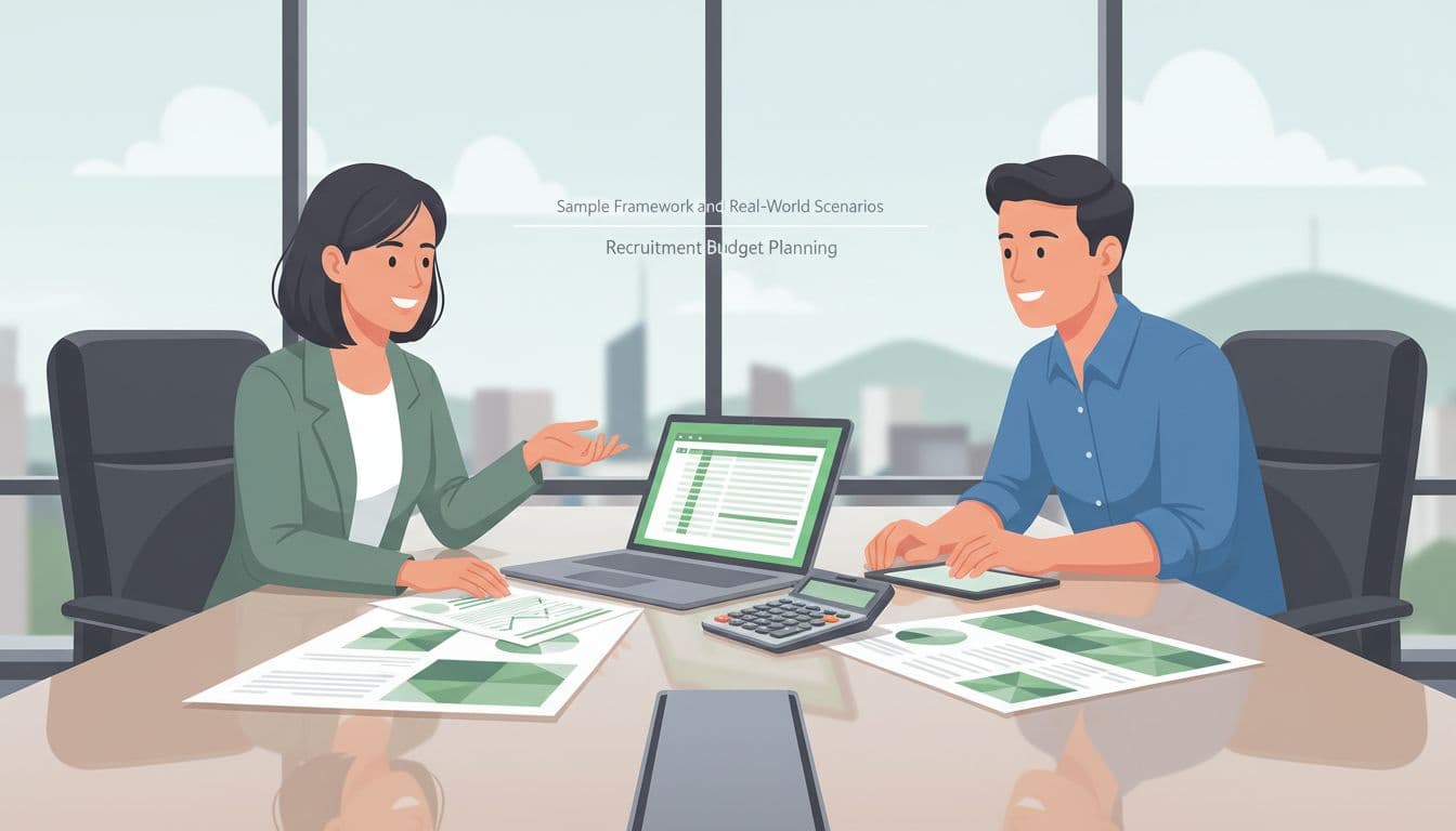 Modern illustration of an HR manager and finance analyst sitting at a conference table, reviewing printed charts and a laptop with subtle spreadsheet, budget calculator nearby, in a clean office with window view.