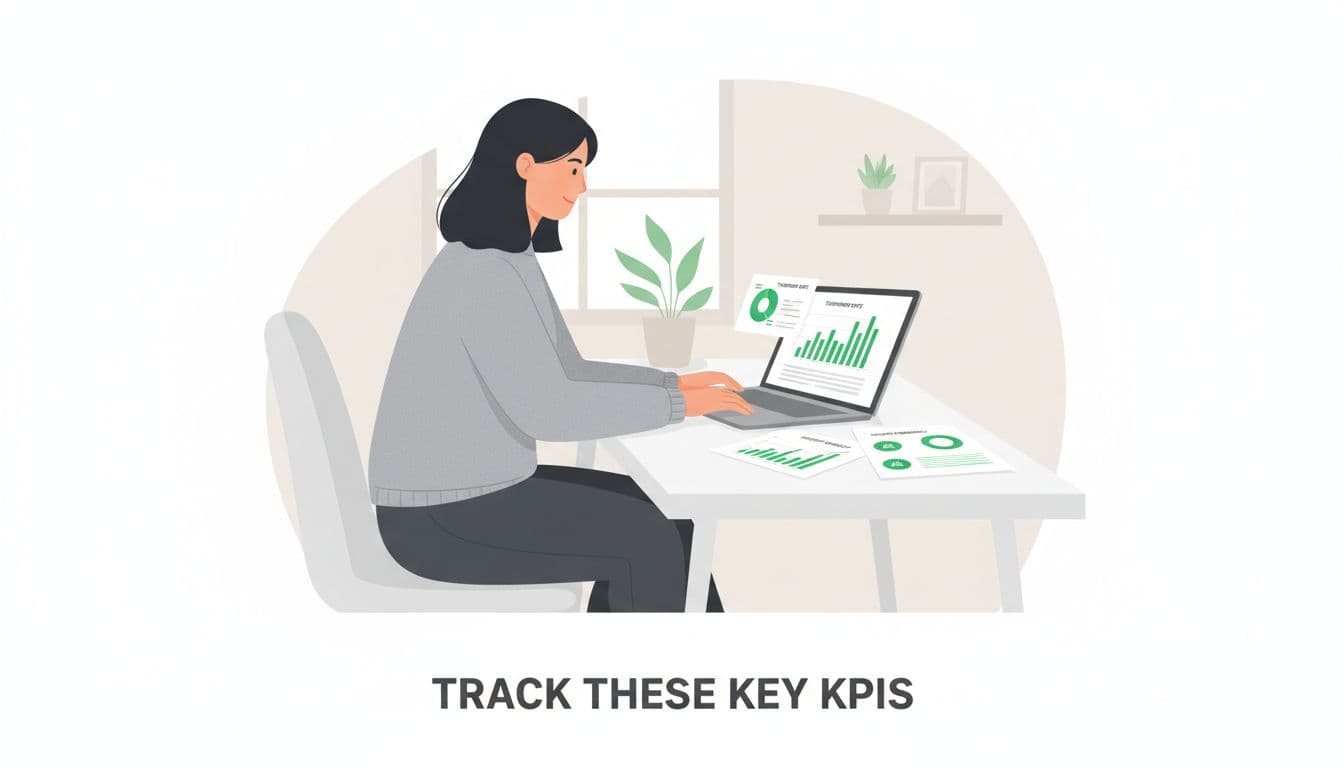 Modern illustration of an HR professional at a desk reviewing anonymized data charts on a laptop and papers, focusing on risk metrics like turnover and incidents with clean shapes and green accents.