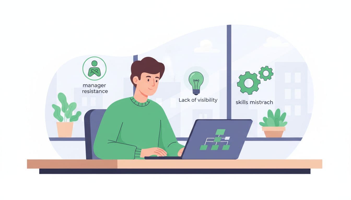 Illustration of an HR professional at a modern office desk reviewing an organizational chart on a laptop, surrounded by icons for manager resistance, skills mismatch, and lack of visibility.