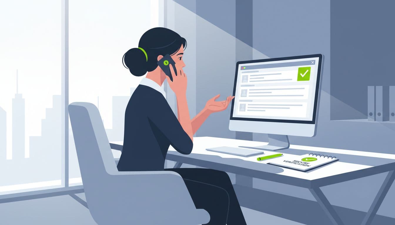HR specialist at desk on phone conducting callback verification for payroll change request, with blurred employee details on paused computer form and secure notepad in modern office.