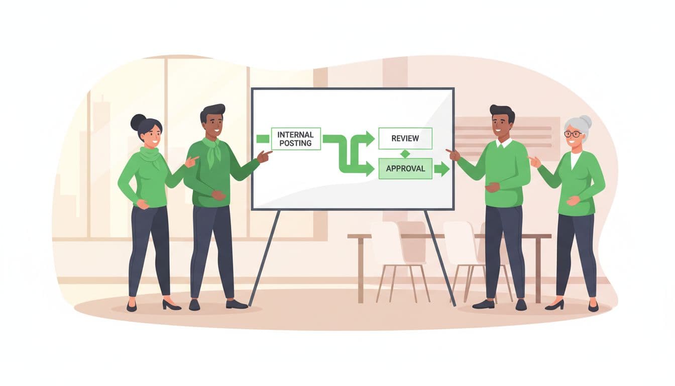 Illustration of a small diverse HR team and manager in a bright meeting room, gathered around a whiteboard displaying a simple flowchart with green-highlighted steps for internal posting, review, and approval.