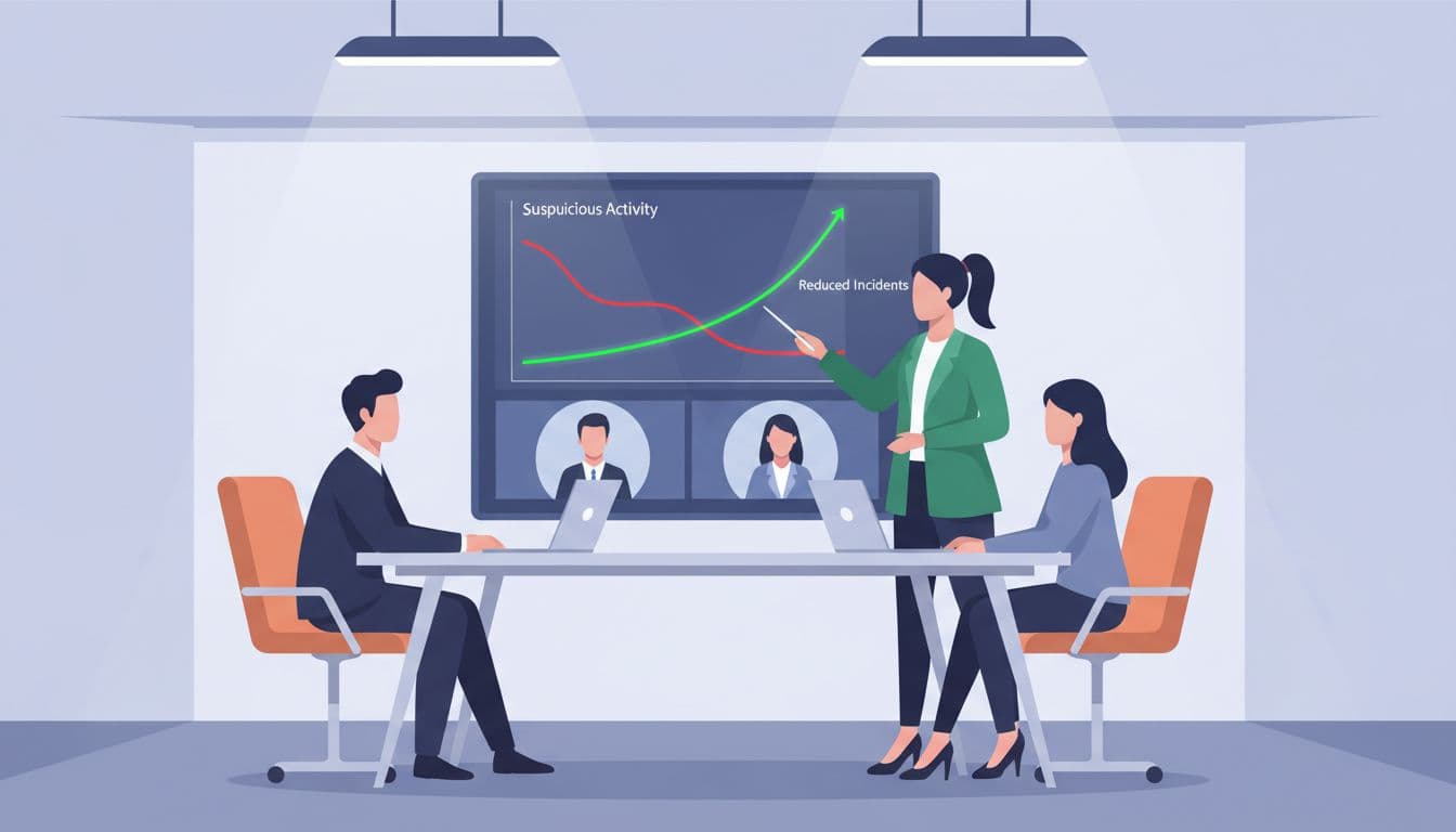 Modern illustration of a team meeting in a conference room with hybrid remote participants on screen, discussing reporting suspicious activity. Leader points to chart showing reduced incidents with positive green trend line.
