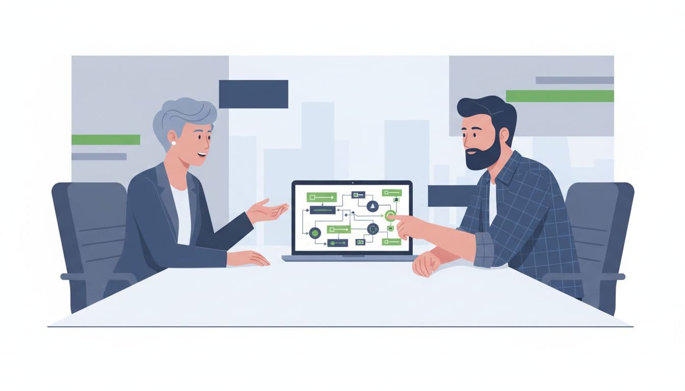 Modern illustration of a manager and IAM engineer discussing technical diagrams on a laptop during a job interview. Clean shapes, controlled palette with green highlights, exactly two people at a table, relaxed atmosphere.