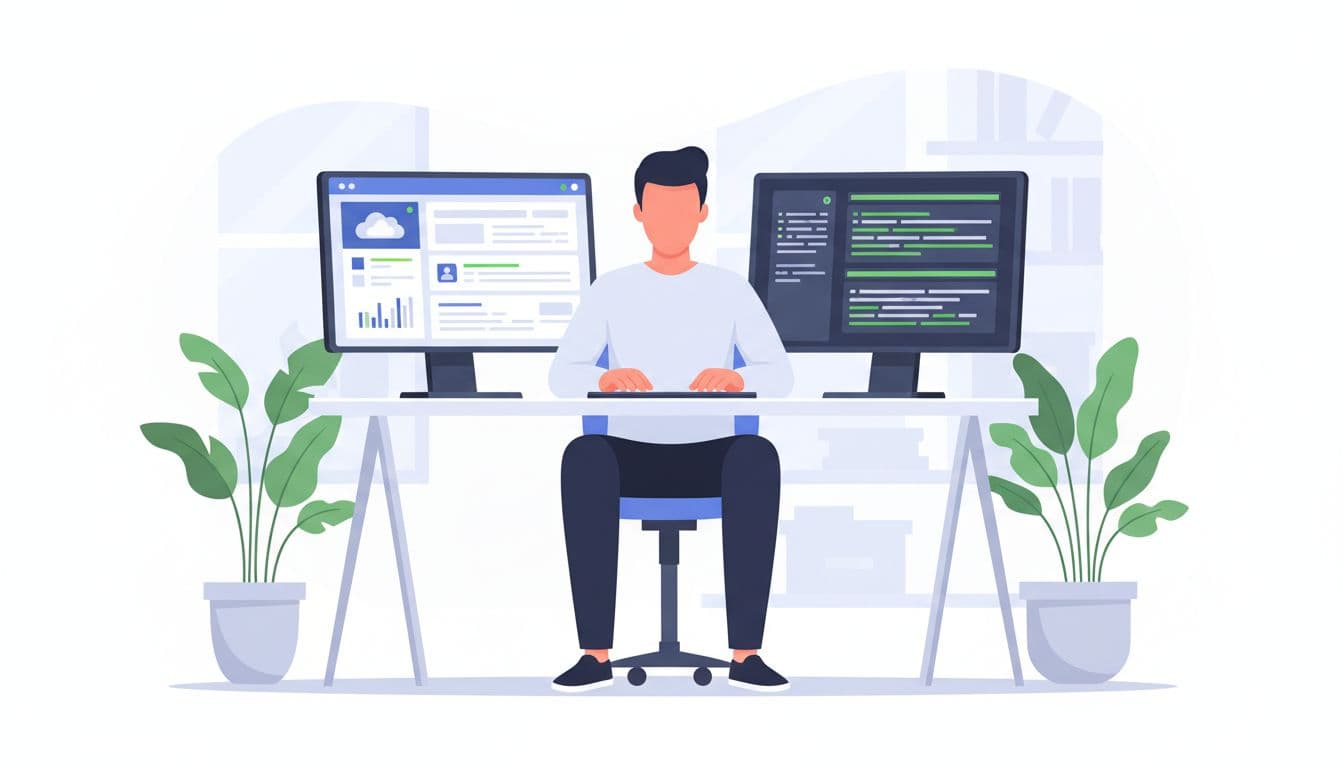 A single IAM engineer at a modern desk with dual monitors displaying cloud identity dashboards and access policies, focused on reviewing access logs in a simple office with plants.