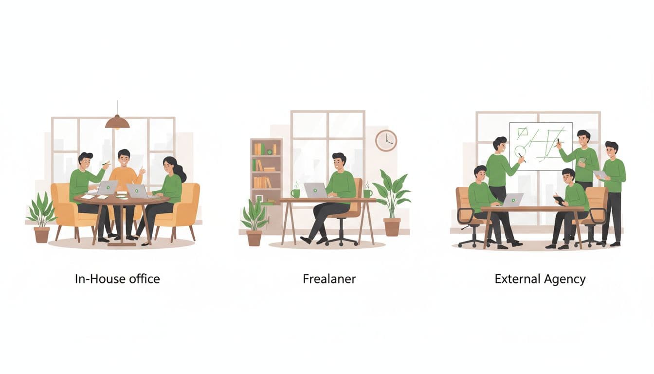 Modern side-by-side illustration of three workplace scenes: a cozy in-house team of three collaborating, a solo freelancer at a home desk, and an agency team of four brainstorming in a meeting room.
