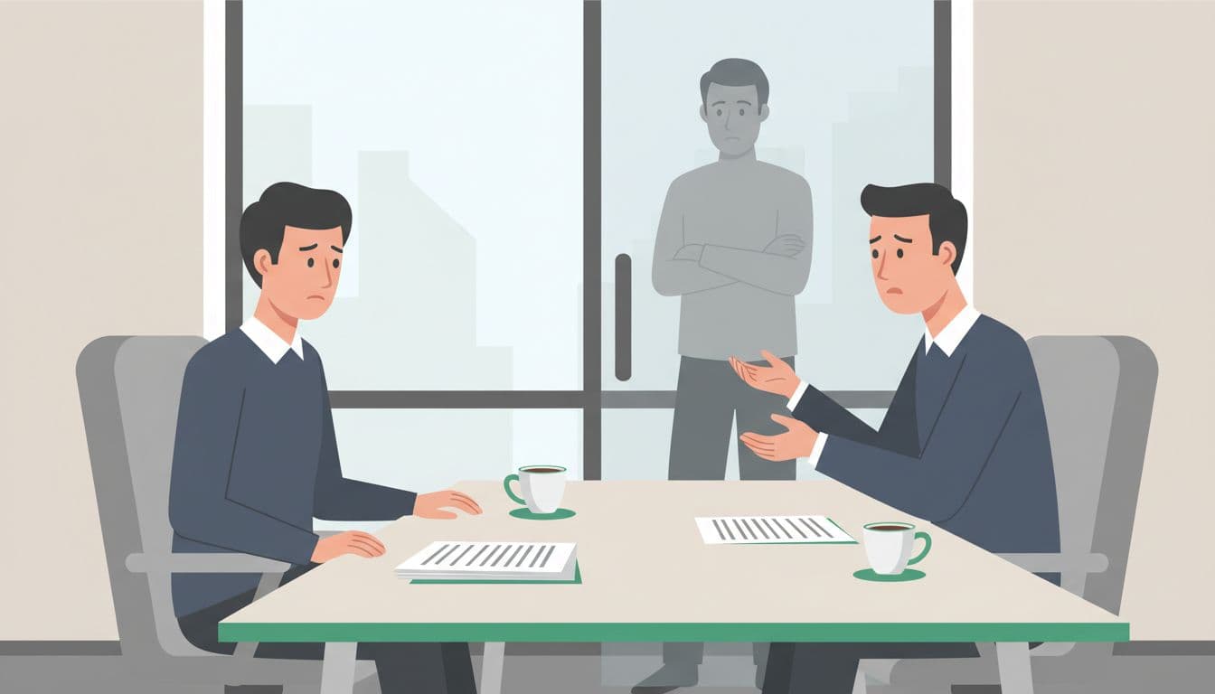 Modern illustration depicting a hiring manager interviewing an internal candidate in a conference room, with a resistant department manager blocking the door in the background, expressions of hesitation and concern amid office hiring pitfalls.