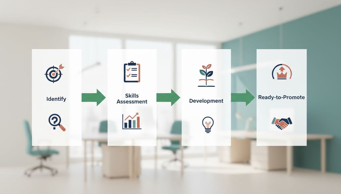 Modern minimalist flowchart depicting internal talent pipeline stages: identify, skills assessment, development, and ready-to-promote, connected by green arrows with three icons per stage on a simple office background.