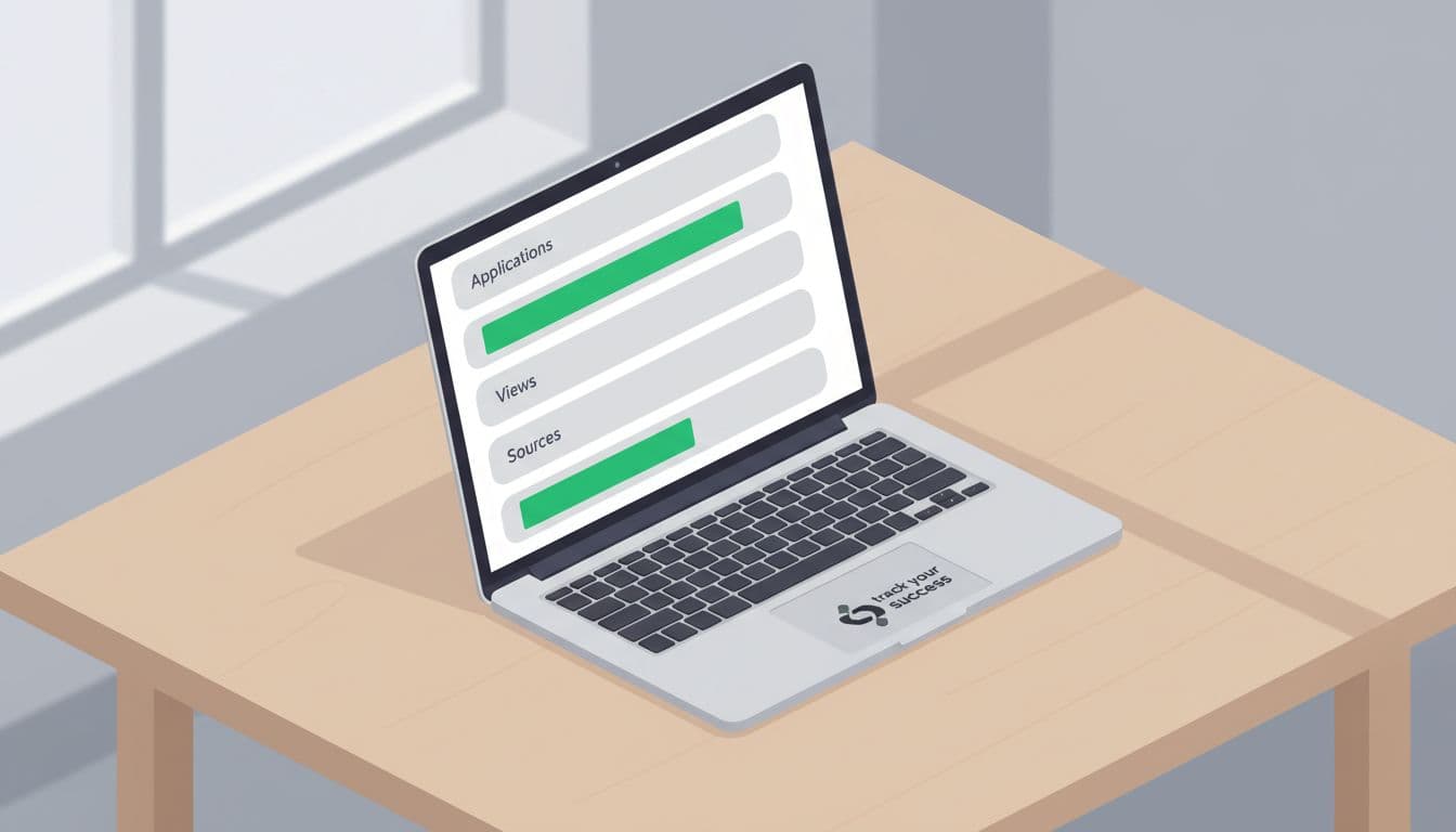 Illustration of a laptop screen showing job posting analytics dashboard with applications, views, and sources charts in a clean isometric view on an office table.