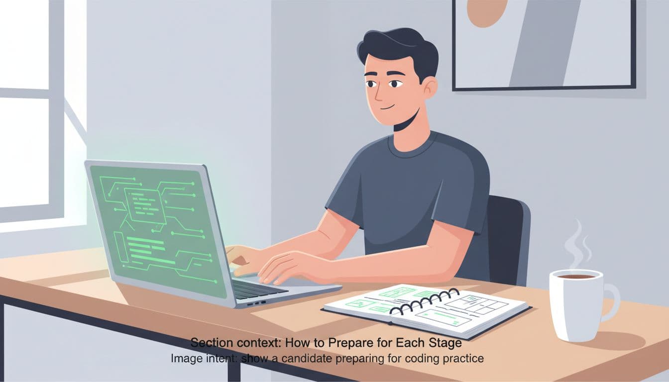 A junior developer sits relaxed at a modern desk, practicing coding on a laptop with notebook and coffee mug nearby, focused expression.