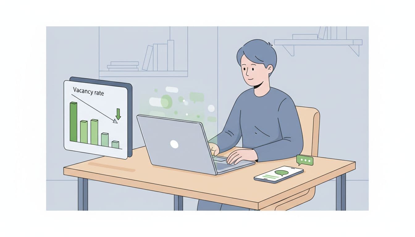 Modern illustration of a landlord at a desk analyzing rental vacancy rates on a laptop with charts and a nearby phone. Focuses on data review to diagnose root causes, using clean shapes and green highlights.