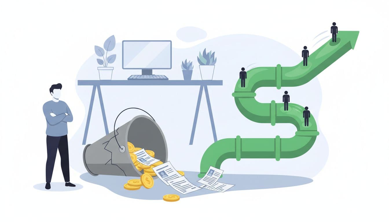 Modern illustration of a leaky bucket spilling coins and resumes symbolizing external hiring costs, contrasted with a sturdy green pipeline funneling talent icons for internal hiring, with a frustrated recruiter nearby in an office setting.