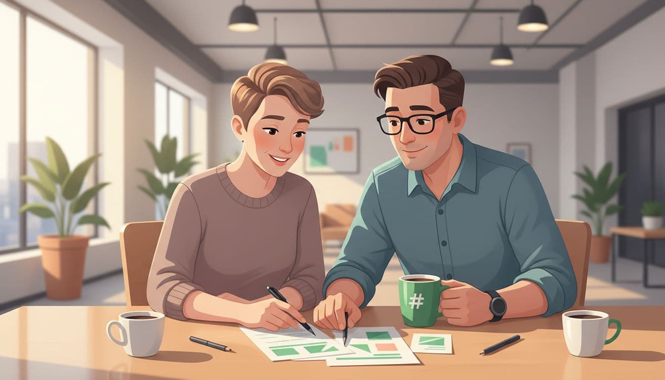 Modern illustration of a non-technical manager and an engineer discussing candidate notes over coffee in a modern office, featuring a collaborative side-by-side composition with clean shapes, warm lighting, and green accents.
