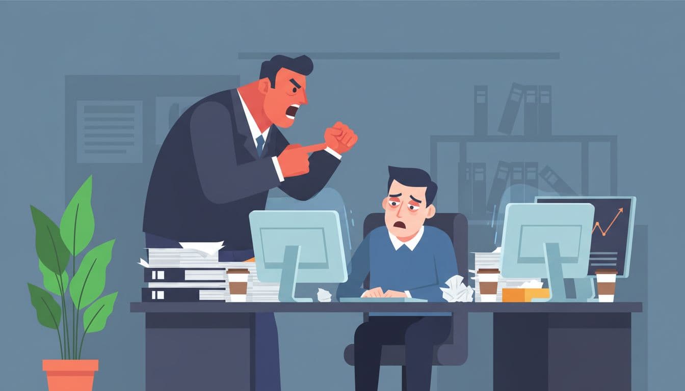 Modern illustration of a manager yelling at a stressed employee at a cluttered desk with papers, multiple screens, coffee cups, and dim office lighting, contrasted by a single healthy green plant.