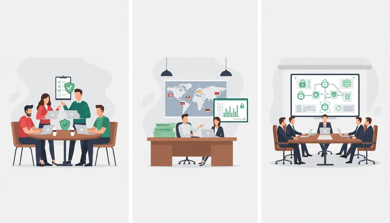 Three side-by-side landscape scenes: a small startup team of three at a casual table with laptops, coffee, and a security checklist; a mid-market office with a desk, world map, regional flags, and cybersecurity reports; a large enterprise boardroom with executives, charts on screen, and lock icons. Total of five people across all scenes in relaxed poses, modern illustration style with clean shapes, #22C55E accents on security elements, soft lighting.