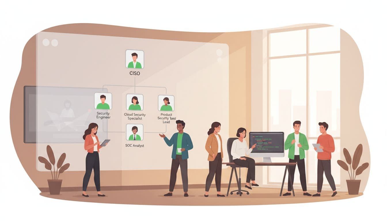 Modern illustration featuring a clean hierarchy with CISO at the top, branching to security engineer, cloud security specialist, SOC analyst, and product security lead. Diverse team of exactly five people collaborates in a modern office around digital screens, emphasizing the chart with subtle interactions, warm lighting, and #22C55E accents for icons.