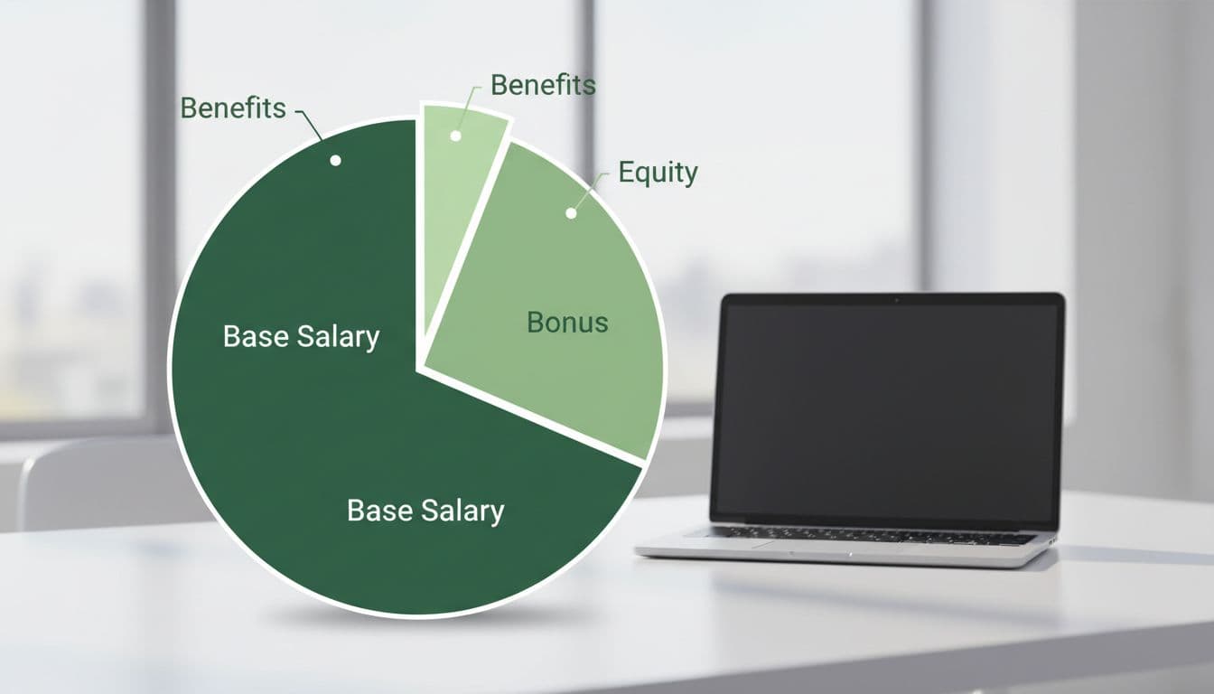 Modern illustration of a pie chart showing compensation package elements: dominant base salary slice, medium bonus and equity slices, and small benefits slice, placed on a clean desk with a single laptop nearby.