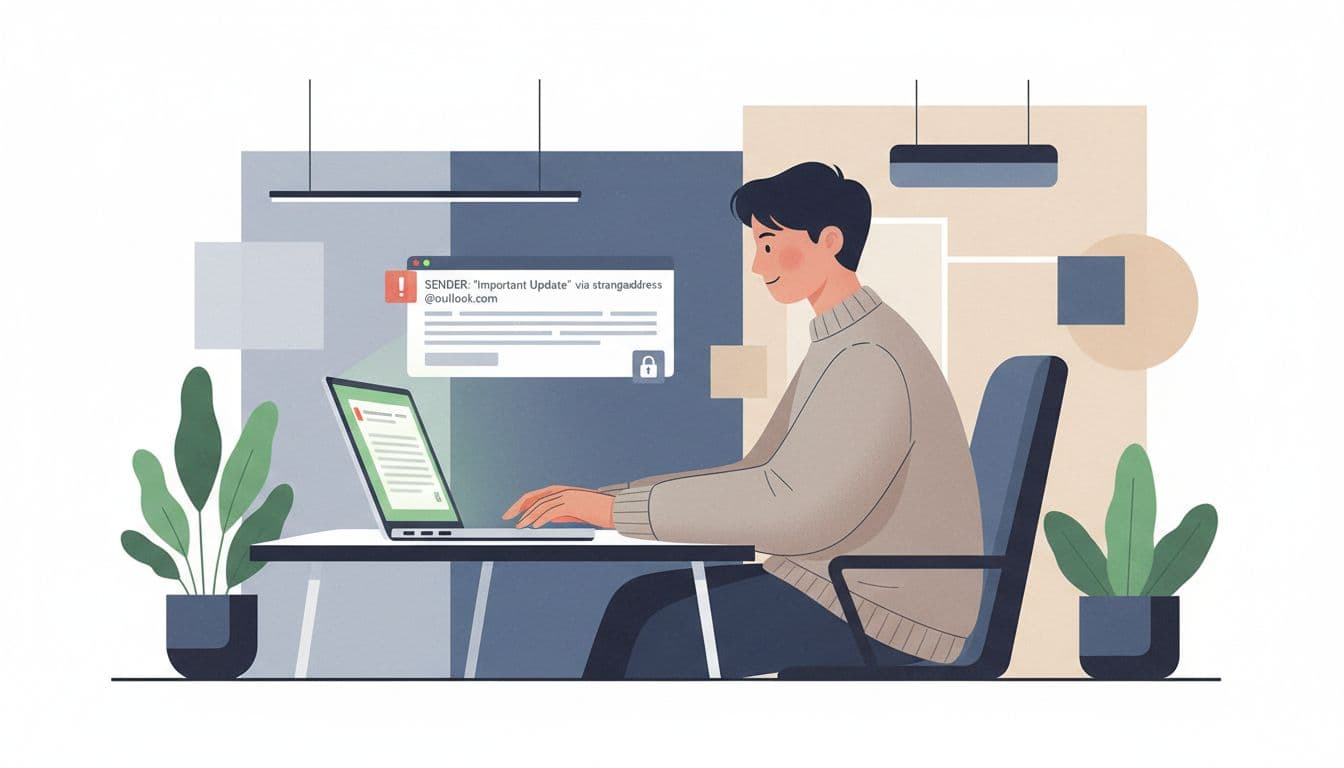 Modern illustration of an office worker at a desk checking an email on a laptop with subtle phishing elements like a suspicious sender in the background. Features clean shapes, controlled colors with #22C55E laptop glow accent, side-angle composition, exactly one person with relaxed hands on keyboard.