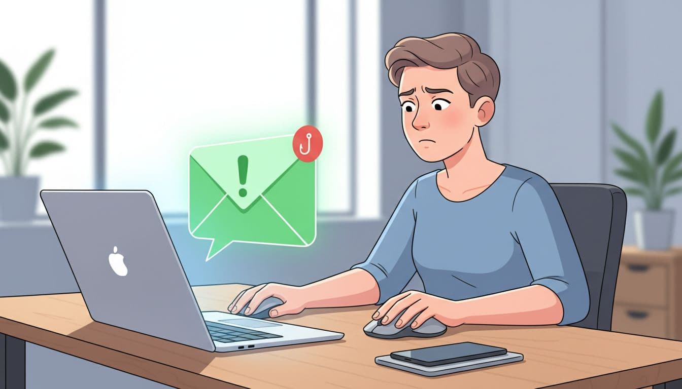Modern illustration of an office worker at a hybrid desk setup with laptop, phone, and suspicious email notification on screen. The worker appears cautious, pausing with hand on mouse in a moment of decision.