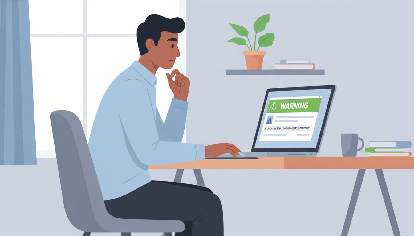 Modern illustration of a diverse office worker at a desk with laptop showing a suspicious email notification, appearing hesitant with hand near mouse in a natural office setting.