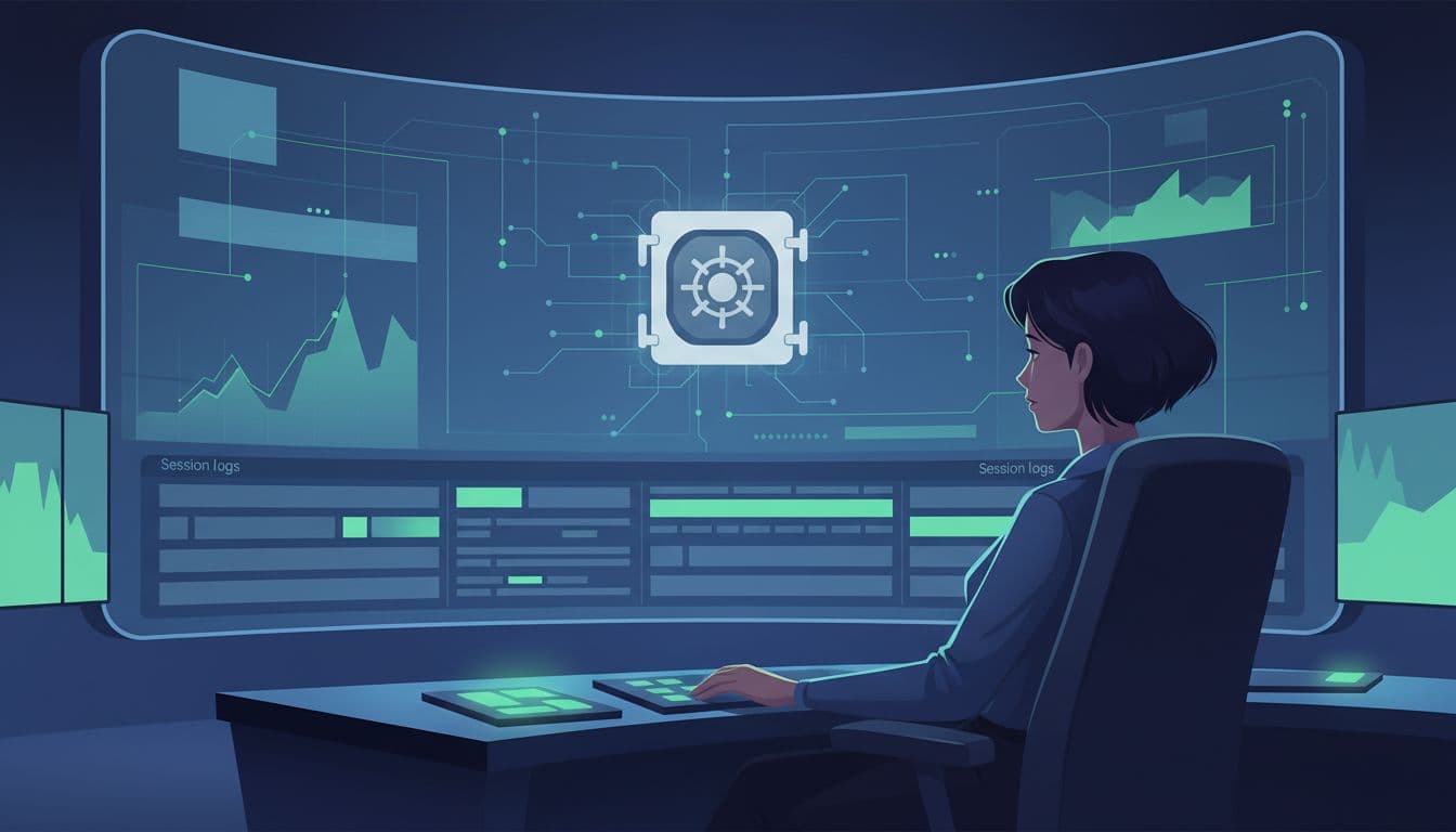 Single PAM specialist in a secure operations center monitoring privileged sessions on a large screen, viewed from side angle showing vault icon and session logs, in modern illustration style with dim lighting and screen glow.