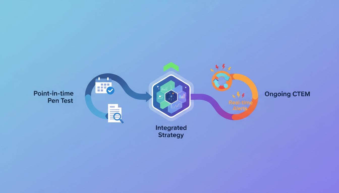 Modern illustration of two paths merging: left side shows point-in-time pen test with calendar and report, right side ongoing CTEM with continuous loop and real-time alerts, uniting into an integrated strategy with central dashboard.