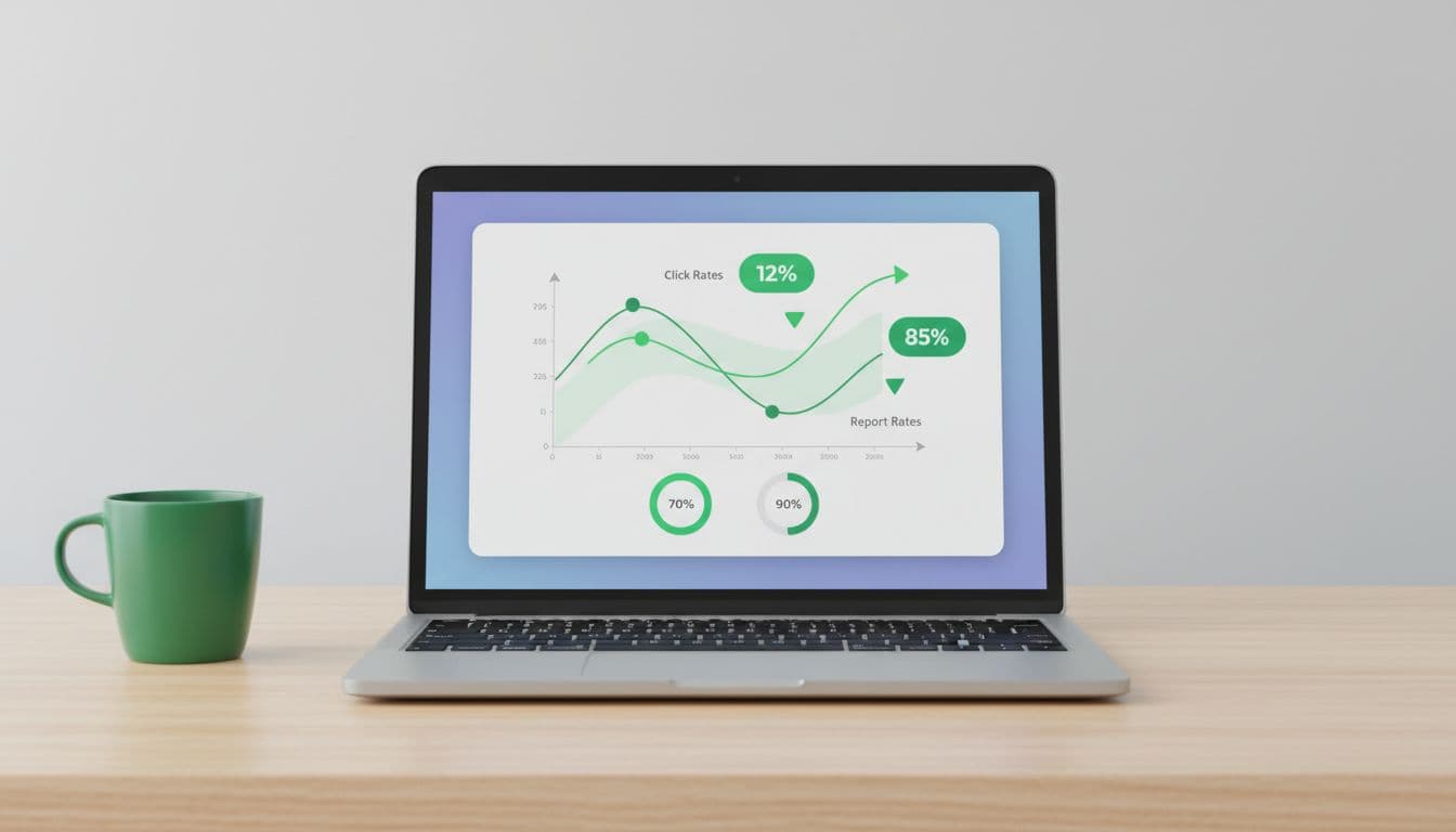 Modern illustration of a dashboard on a laptop showing phishing simulation metrics like click rates and report rates over time with green-accented graphs, clean shapes, and strong centered composition.