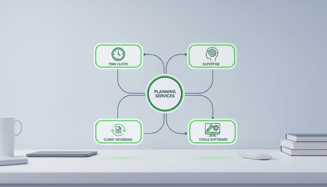 Modern illustration depicting main cost drivers for planning services with icons for time clock, expertise brain, client revisions loop, and tools software, arranged as connected nodes on a minimalist desk.