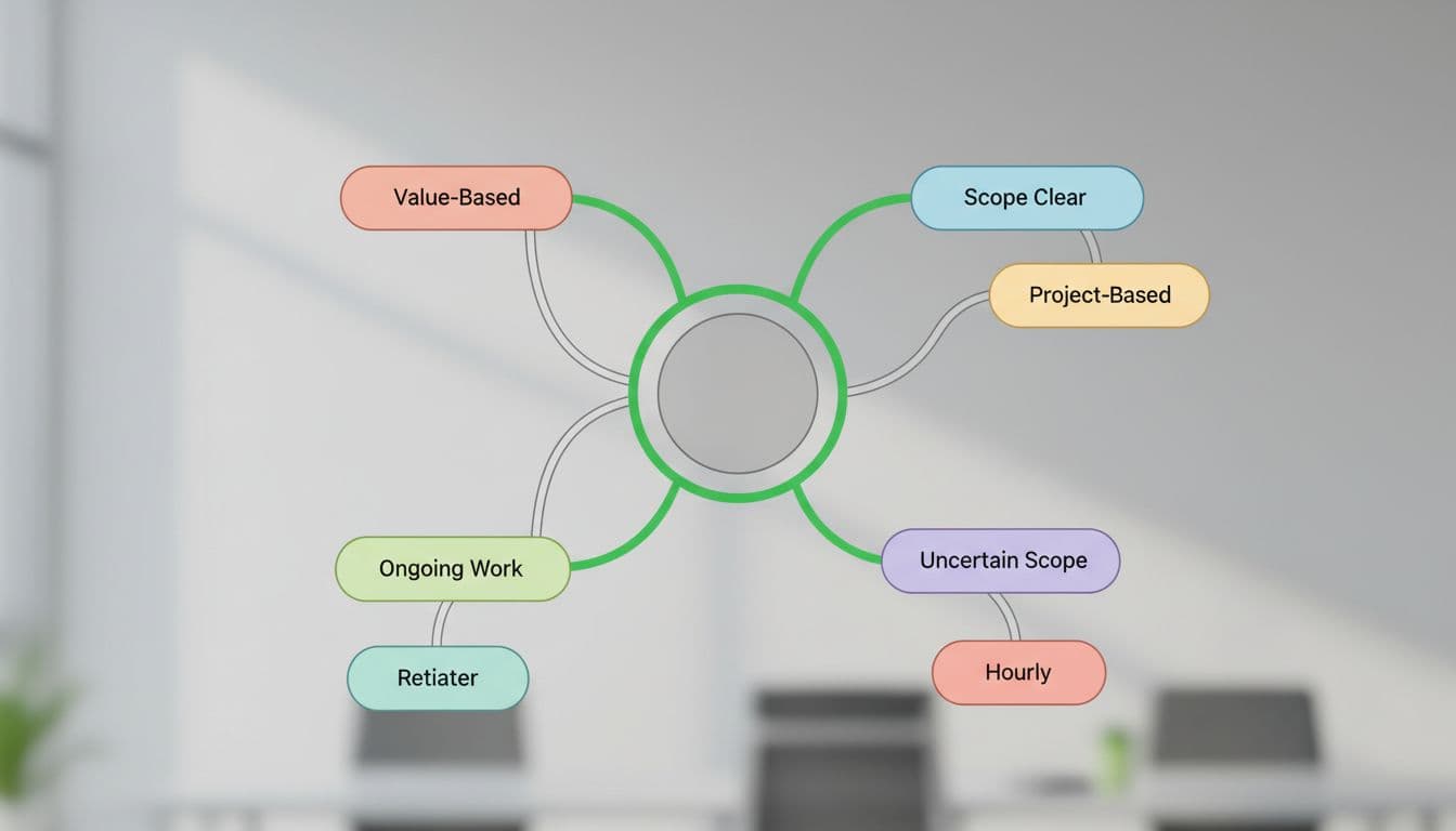 Modern illustration of a simple decision tree for choosing pricing structures, branching based on scope clarity to flat fee, uncertain scope to hourly, ongoing work to retainer, and high impact to value-based.