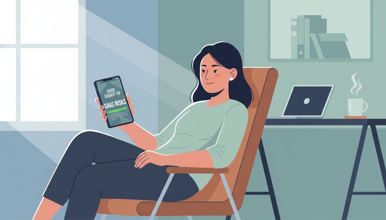 Modern illustration of a diverse professional in a home office during a coffee break, casually viewing a quick security tip about SaaS risks on their mobile phone. Clean shapes with green accent highlight, relaxed pose, soft daylight.
