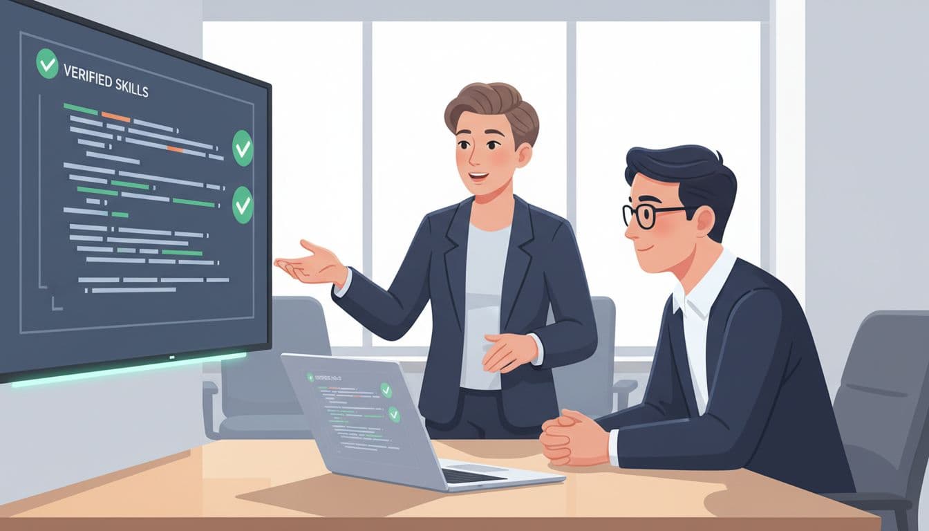 Modern illustration of a professional sharing screen with code samples to demonstrate verified skills during an interview in a conference room, with two people at a table and a laptop between them.