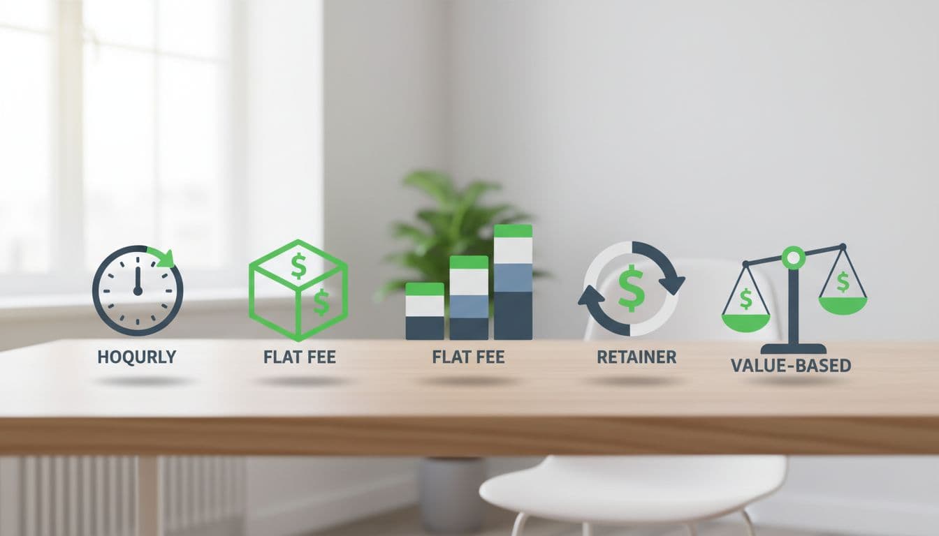 Modern illustration of icons representing five pricing models: hourly timer, flat-fee box, tiered ladder, retainer cycle arrow, and value-based balance scale, arranged on a clean wooden desk in a bright office with soft lighting and green accents.