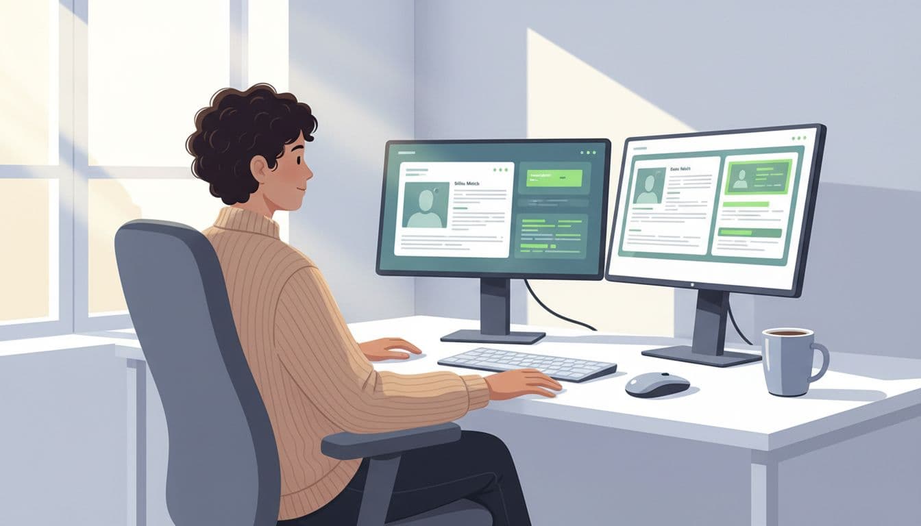 Modern illustration of a recruiter at a clean desk reviewing candidate profiles on dual monitors with green highlights on key matches, coffee mug nearby, bright natural window light.